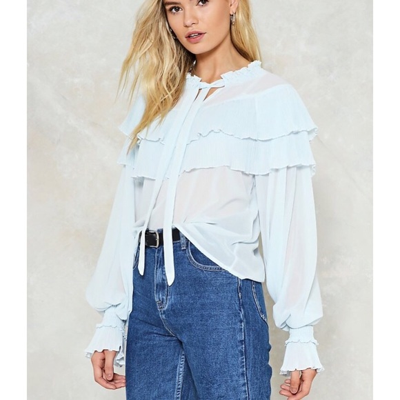 NWT Nasty Gal Blue Gravity Ties Ruffle Top Blouse - Picture 9 of 12